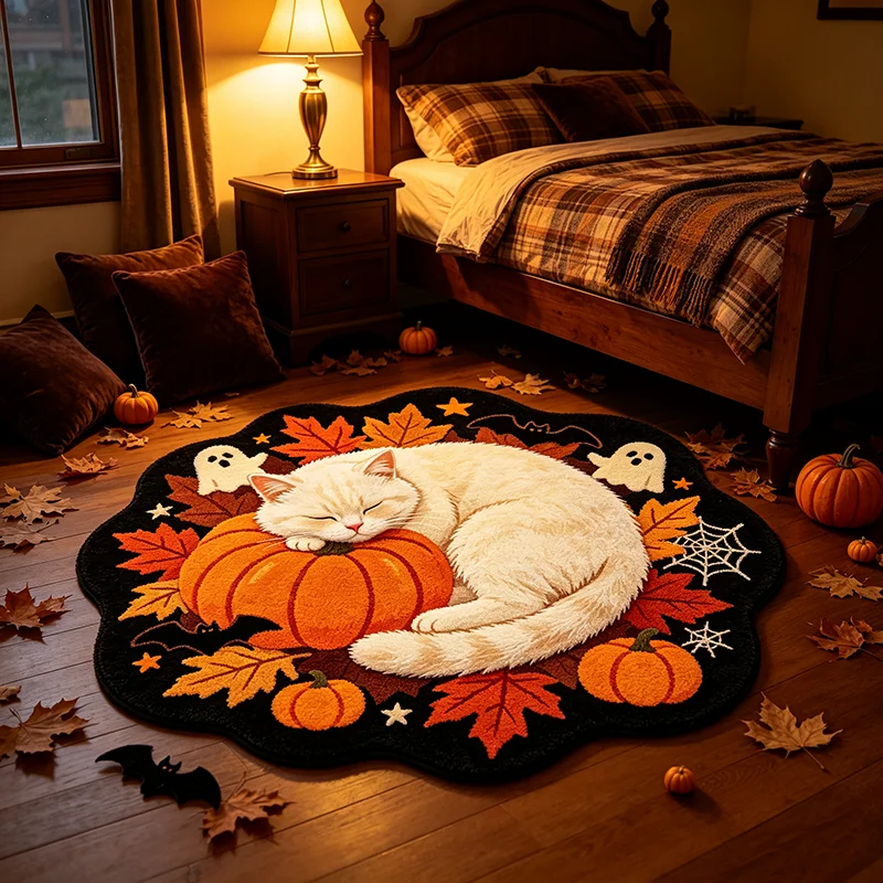 VIKAMA Halloween Pumpkin Cat Rug Soft and Slip-resistant Bedside Cushion for Bedroom Entry Hall Floor Mat Home Decoration