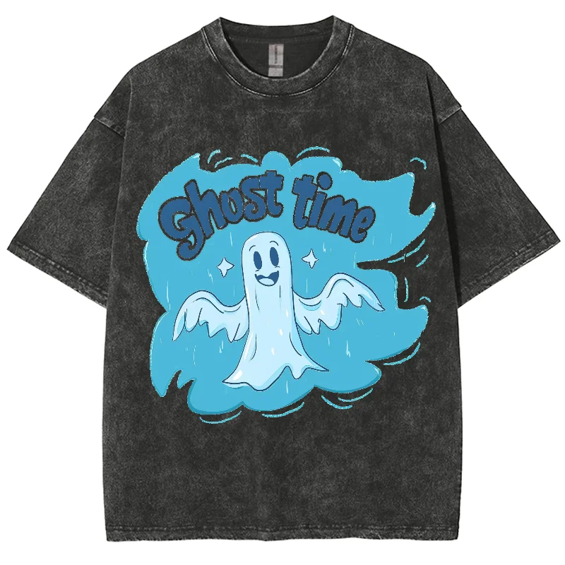 Blue Cartoon Ghost Ghost Print Women's T-Shirt Loose Wash Oversized Short Sleeve Fashion Funny Casual Teen Heavy Cotton Tee