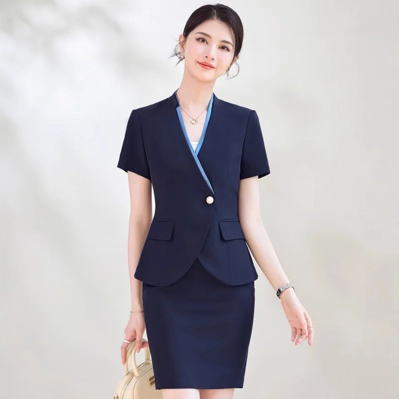 Short-sleeved suit dress for women, summer thin style, front desk receptionist professional attire, jewelry store worker slim-fi