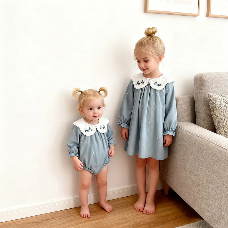 

Осеннее детское платье с длинными рукавами для маленьких девочек, милое платье с вышитым воротником и сестер, весенние комбинезоны для младенцев, детская одежда для маленьких девочек, комбинезоны