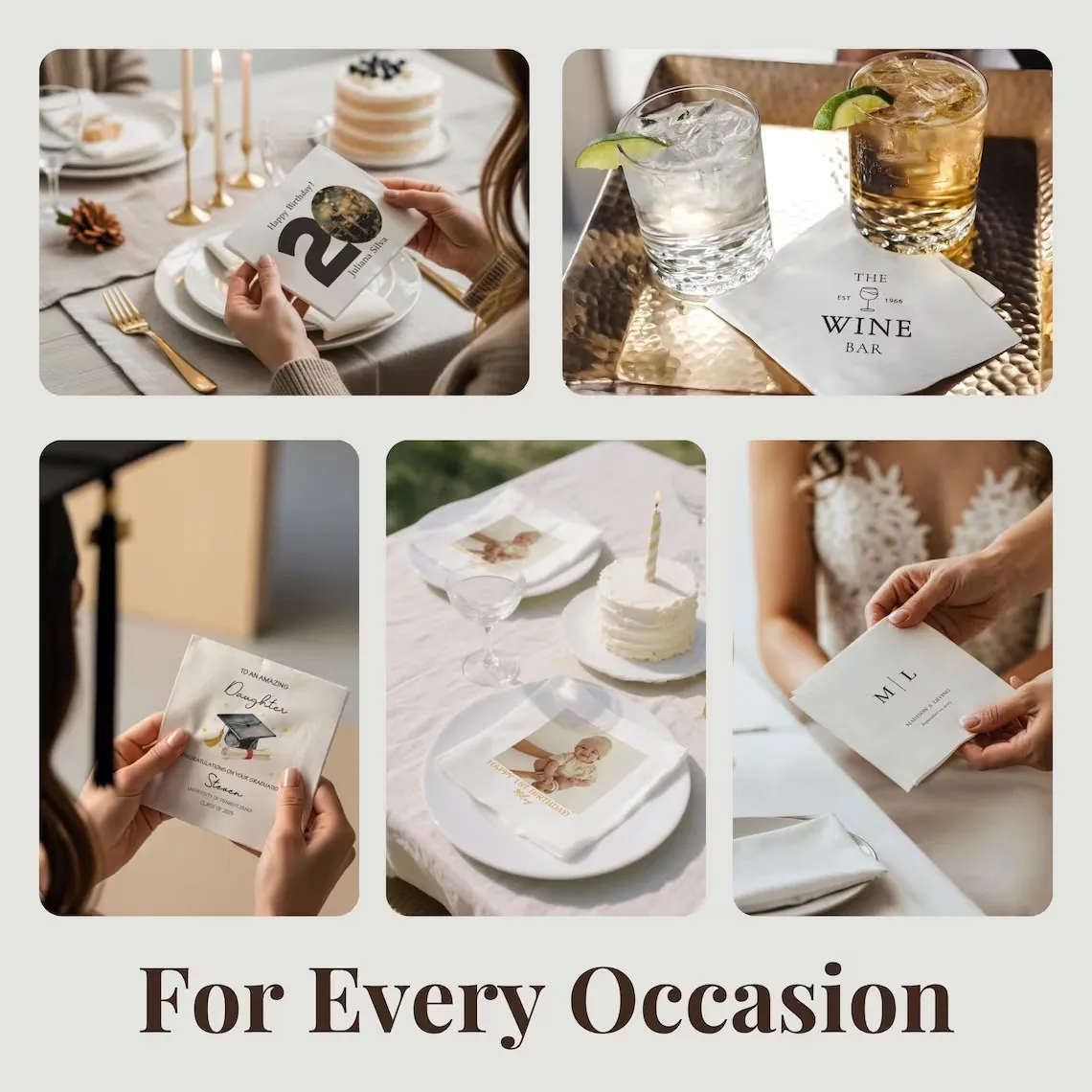 Personalisierte Papierservietten mit Ihrem Design für Hochzeiten, Cocktailpartys, Babypartys, Geburtstage, Junggesellinnenabschiede und Dekoration. – Detail 6