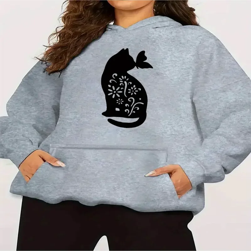 Womens Soft Hooded Sweatshirt Butterfly Cat Silhouette Floral Print Casual Pullover Pocket Autumn Winter Season Machine Wash
