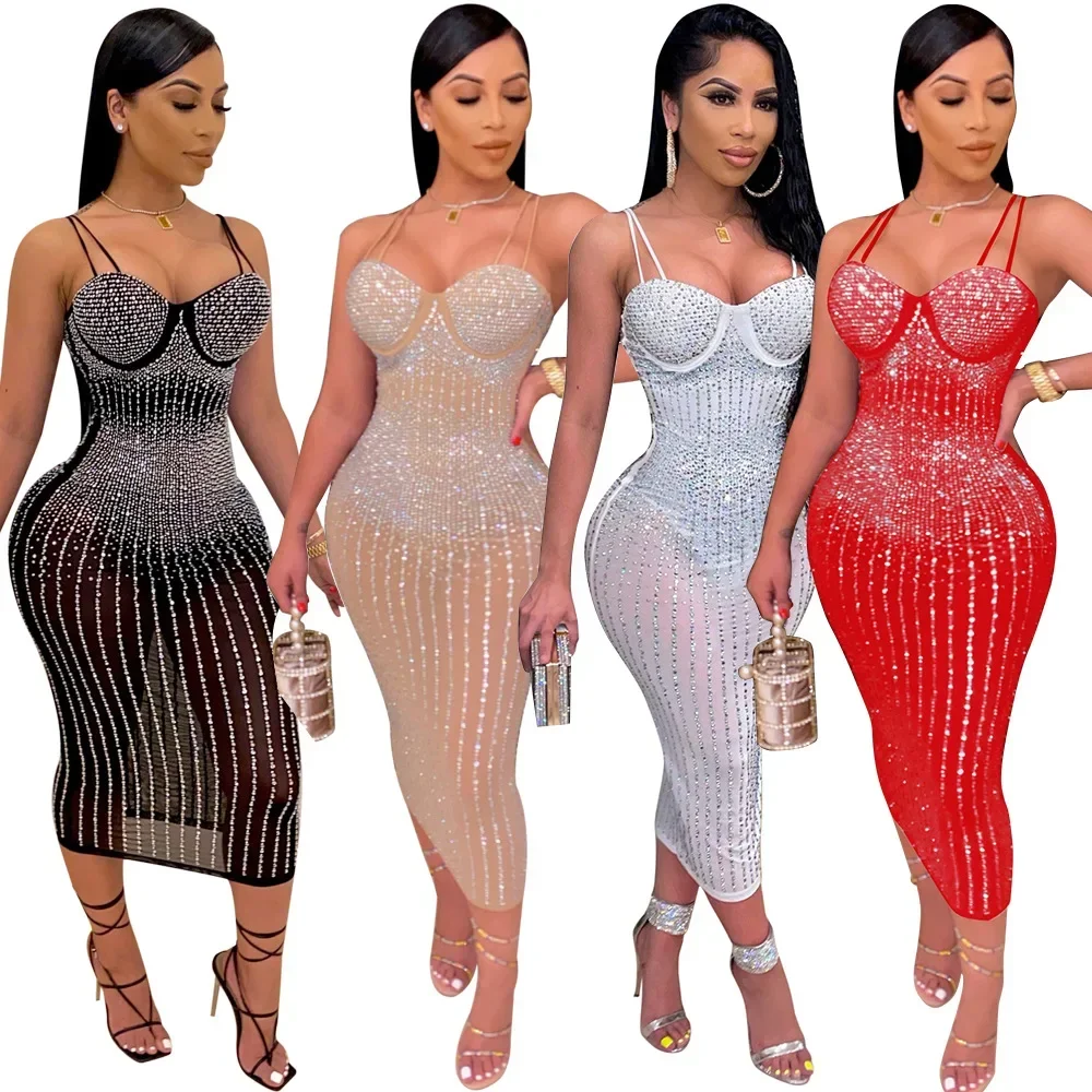 

Women Dress Mid Length Dresses Sling Sleeveless Party Night Gown Hot Drilling Bodycon Party Sexy Slim Night Vestidos Evening