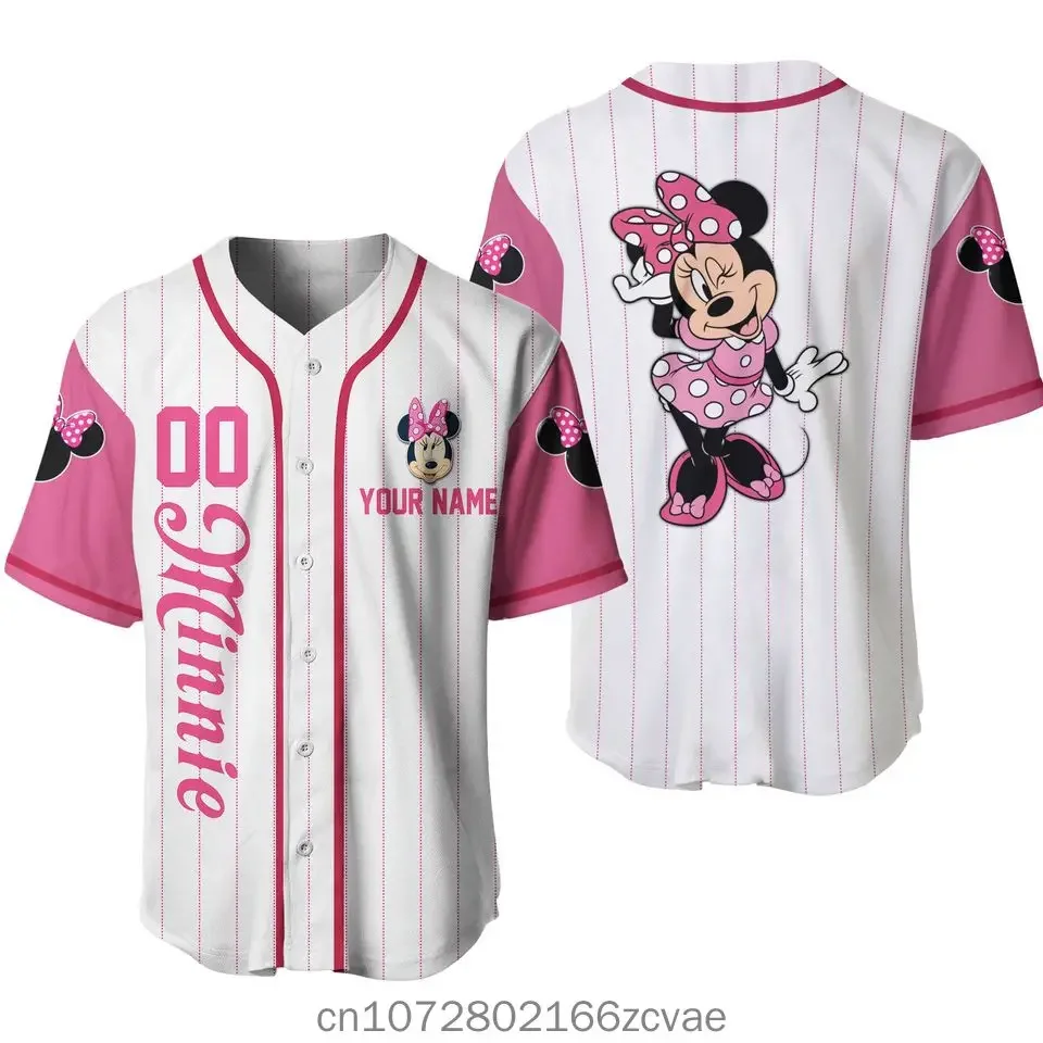 

2024 Disney Minnie Baseball Jersey Streetwear Fashion Summer Custom Name Men's And Women's Short Sleeved Baseball shirt