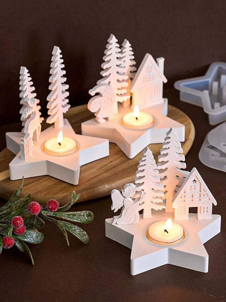 Weihnachten Dekor Stern Kerzenhalter Silikonform DIY Weihnachtsbaum Engel Elch Weihnachtsmann Kerzenständer Gips Harz Handwerk Formen