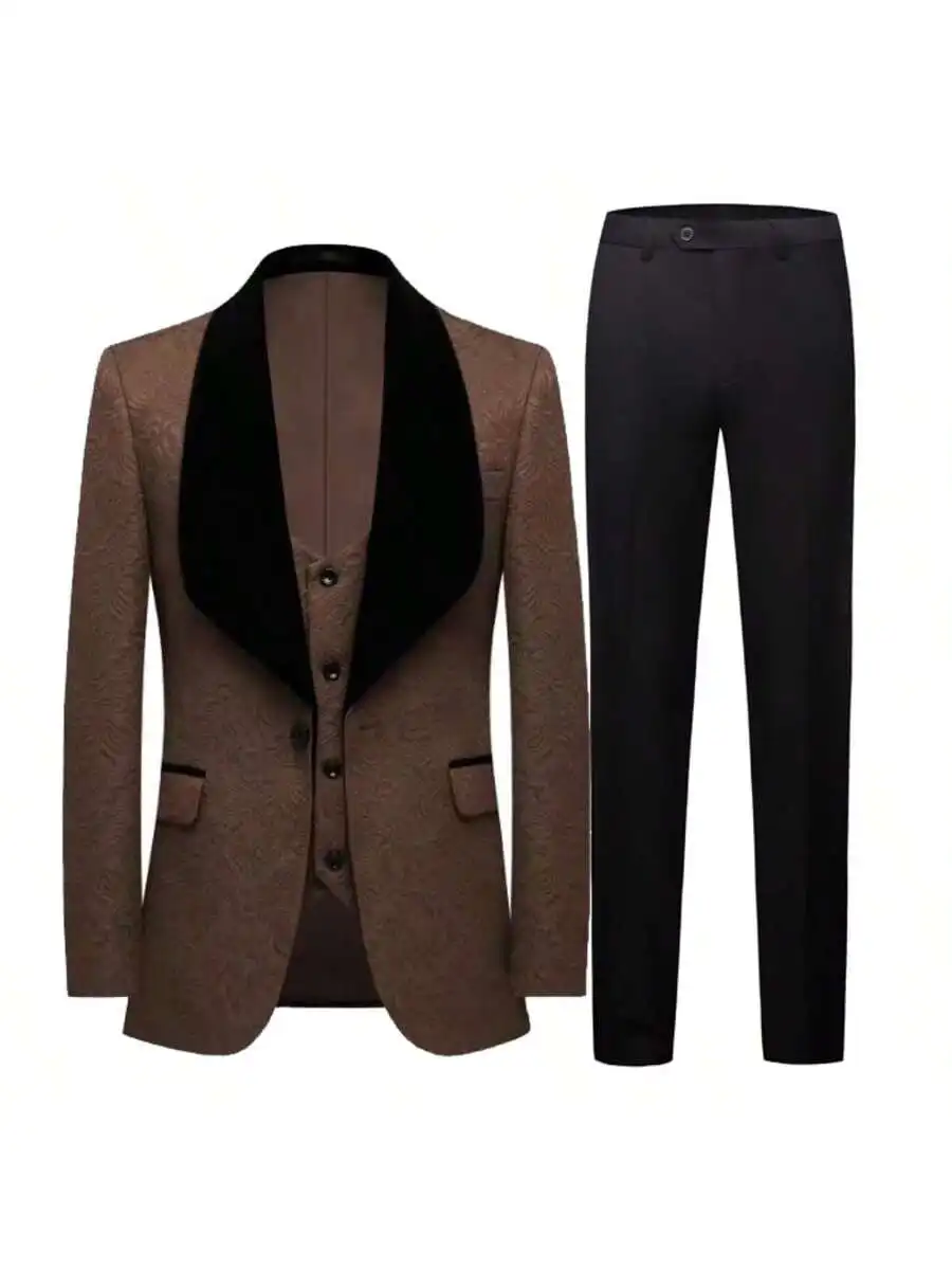 بدلة سهرة للرجال مكونة من 3 قطع مزهرة، طقم بدلة جاكار رفيعة، سترة بيزلي وسراويل لحفلات الزفاف #3