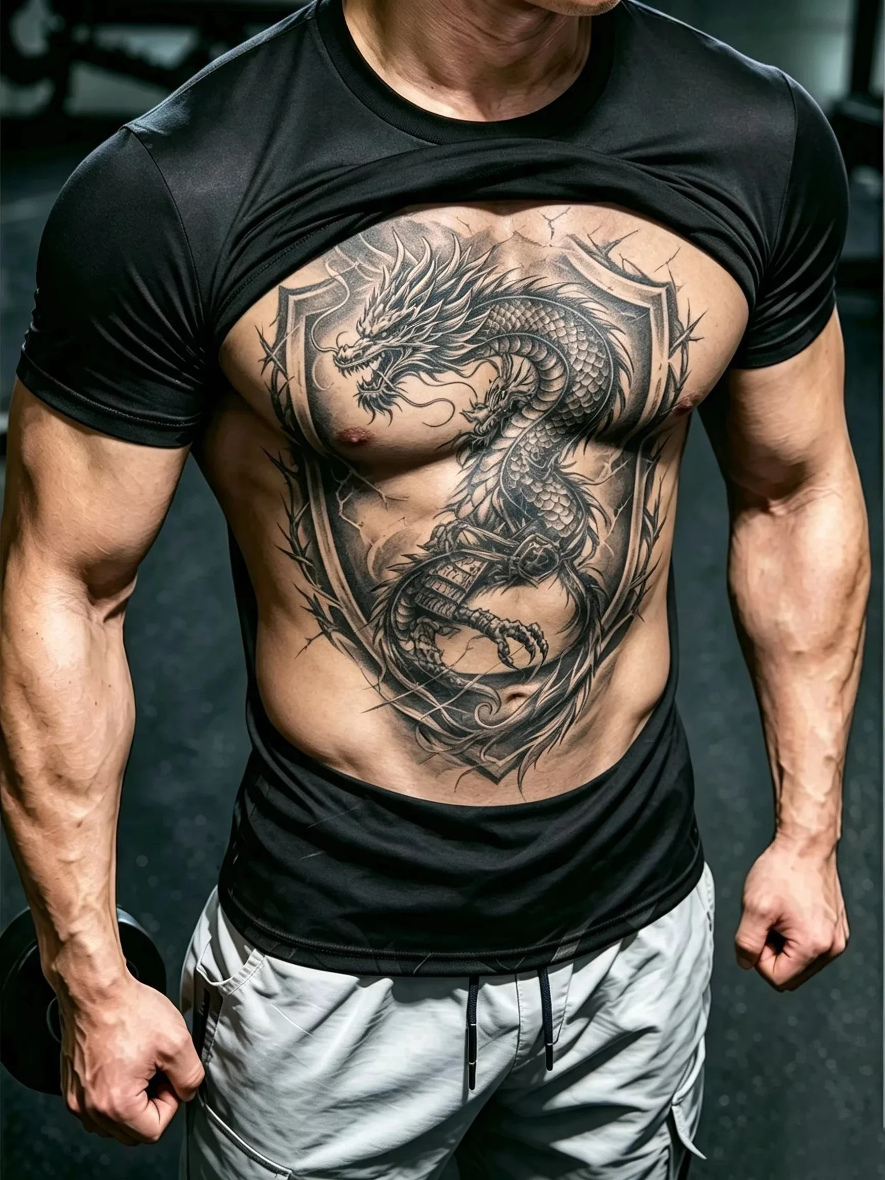 3D Muscle Dragon Tattoo Print Men's T-shirt Casual Cool Party Daily T shirt Fashion Short Sleeve Gym Sports Tops