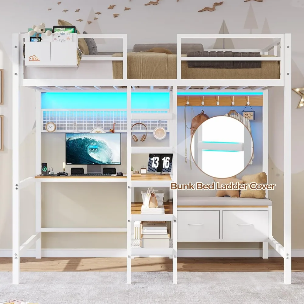 سرير علوي معدني مزدوج الحجم مع مكتب على شكل حرف L وأرفف تخزين ومحطة شحن وأضواء LED ورف معطف لغرفة الأطفال