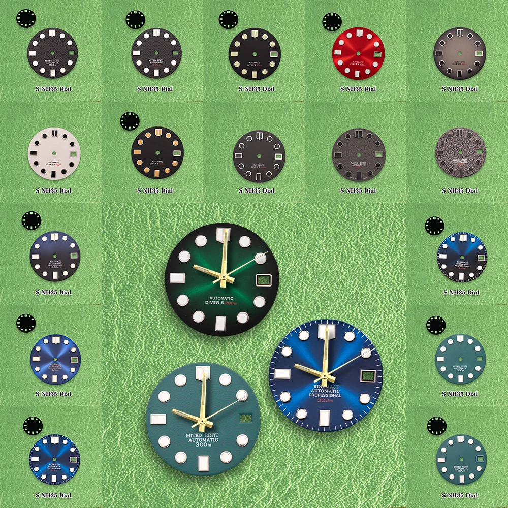 S Logo Dial 28.5mm Diver's NH35 Dial sea wave Scale Dial Fit NH36/7S Movement Green Luminous Watch Modification Accessories