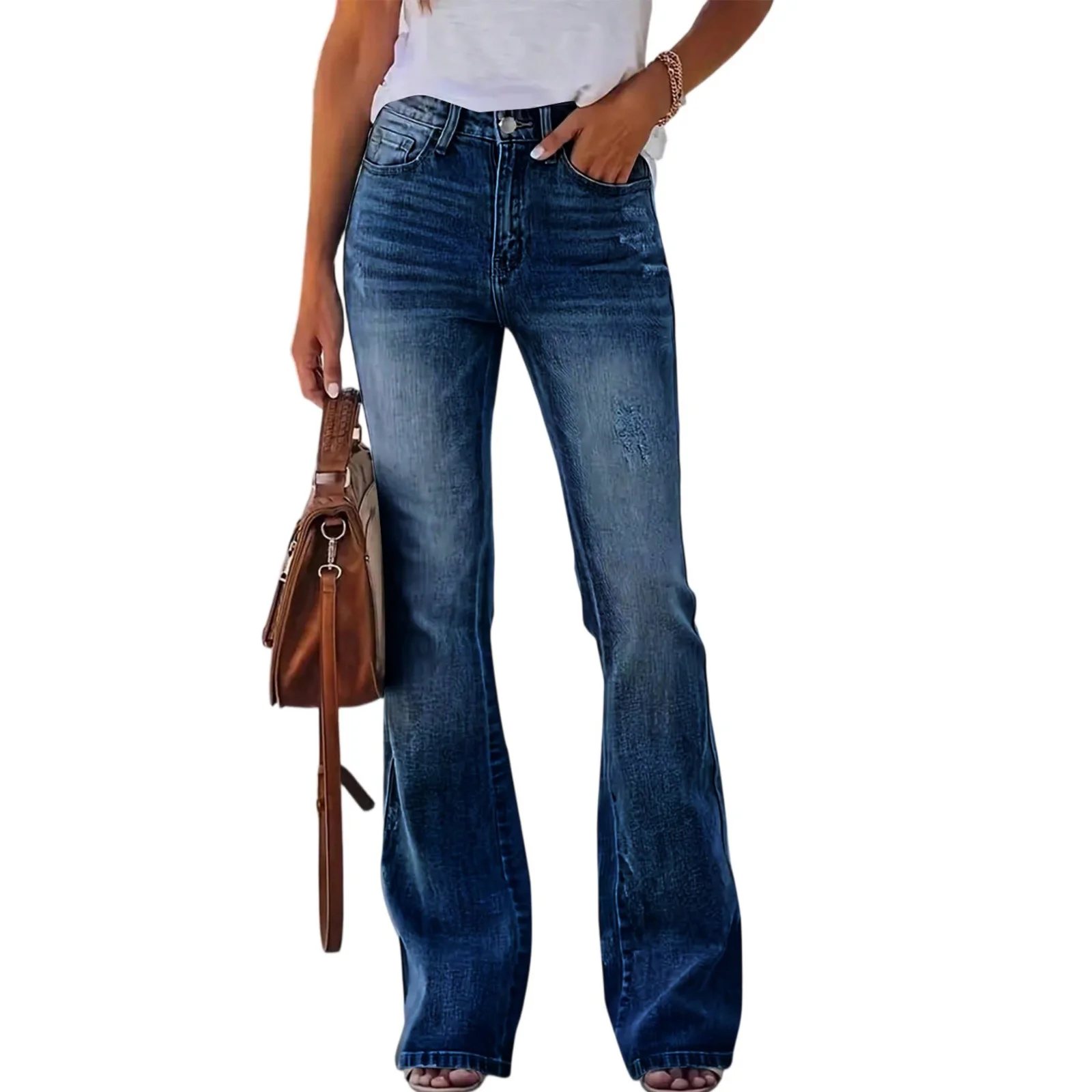 

Брюки-клеш, джинсы, женские джинсовые ботинки, эластичные брюки с высокой талией, потертые карманы, женская уличная одежда, винтажные потертые брюки ﻿