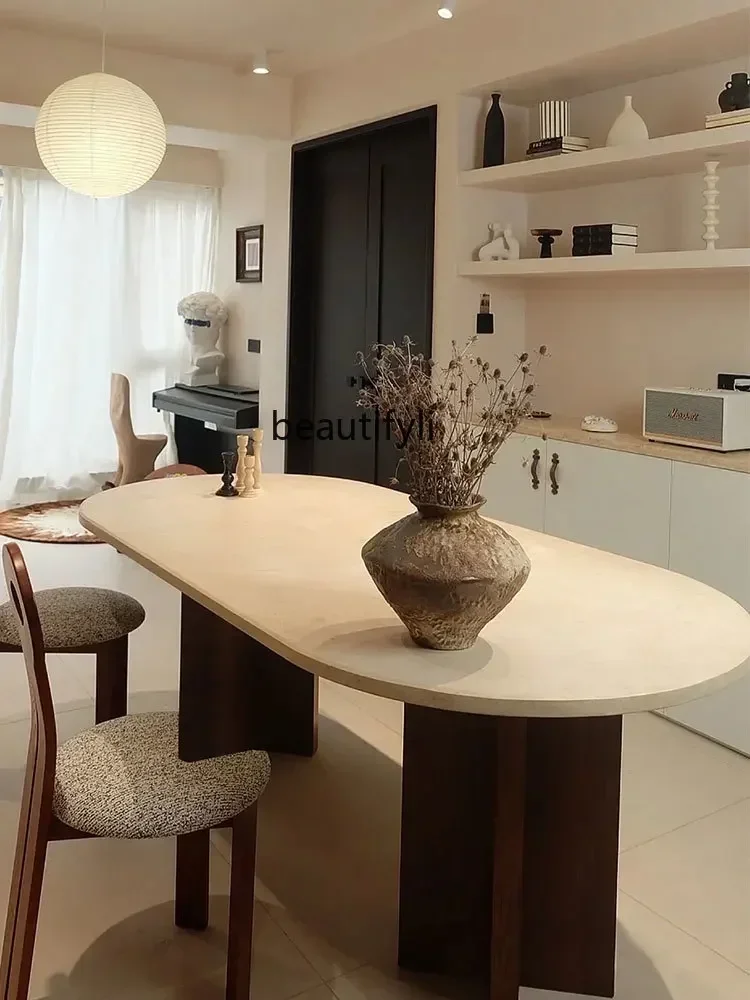 

Asmt56 Medieval travertine rock slab dining table oval living room solid wood dining table retro French home
