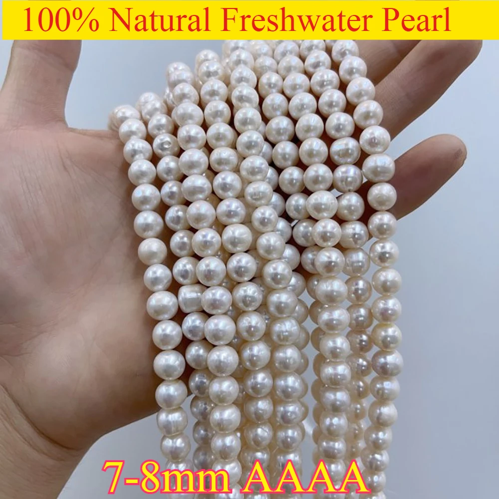 7-8mmAAAA جديد جودة عالية حريري السلس الطبيعي الأبيض لؤلؤ المياه العذبة جولة الخرزة مجوهرات جعل عقد دي اي واي سوار إكسسوارات #4