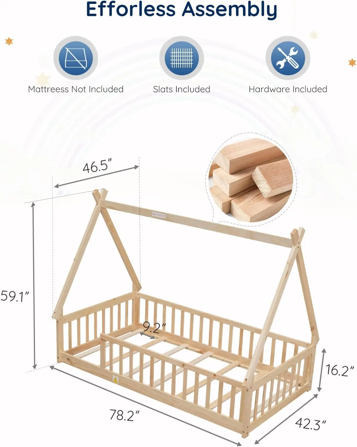 Tatub Twin Montessori Floor Bed Frame With Railings And Roof, Montessori House Bed For Kids, Wood Tent Floor Bed, Montessori