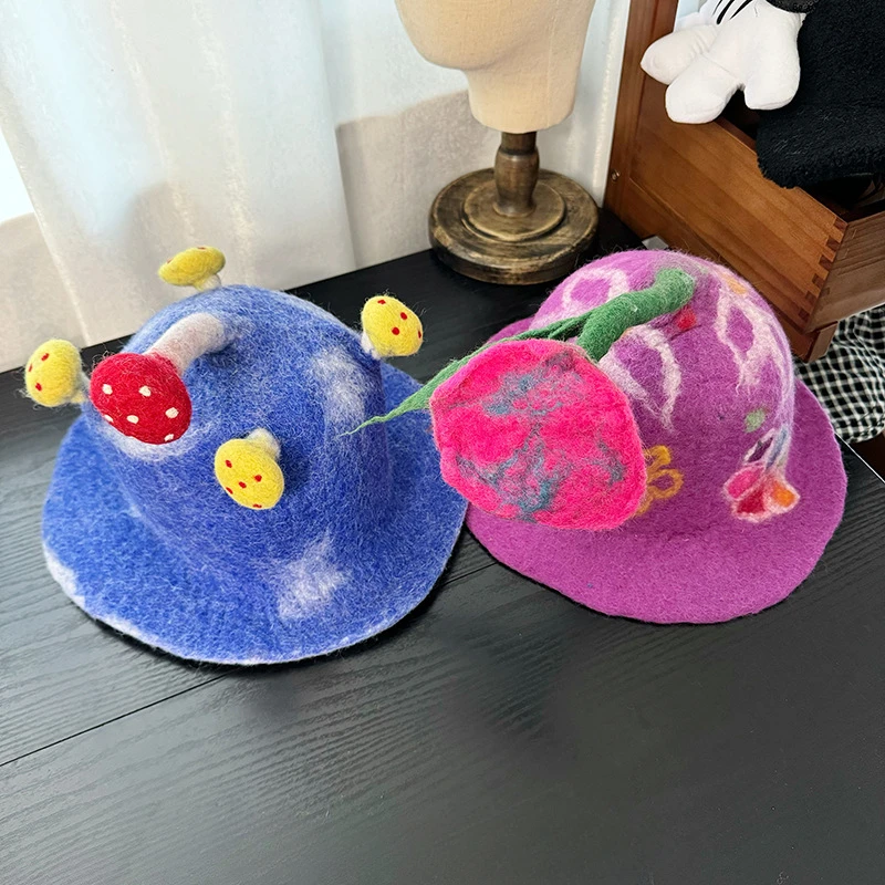 Cute Cartoon Design Handmade Wool Bucket Hats for Women and Men Autumn Winter Travel Photo Personality Warm Creative Gift