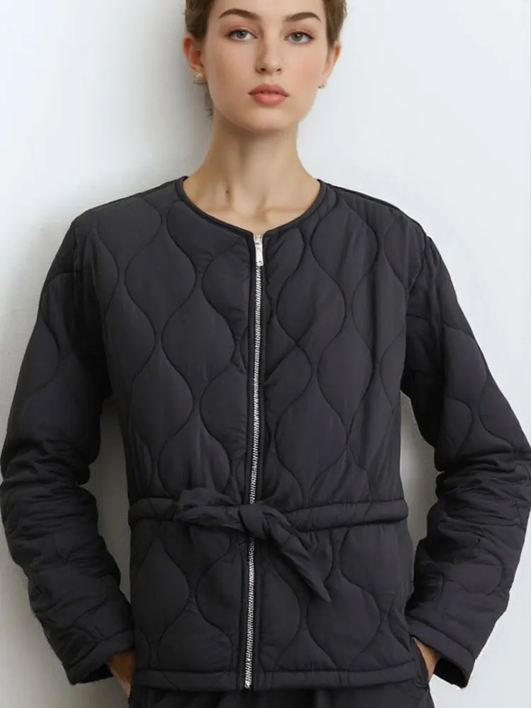 

HH Осенняя стеганая куртка для женщин, модные винтажные однотонные куртки с ремнями, пальто на молнии с длинными рукавами, повседневная свободная верхняя одежда для поездок на работу