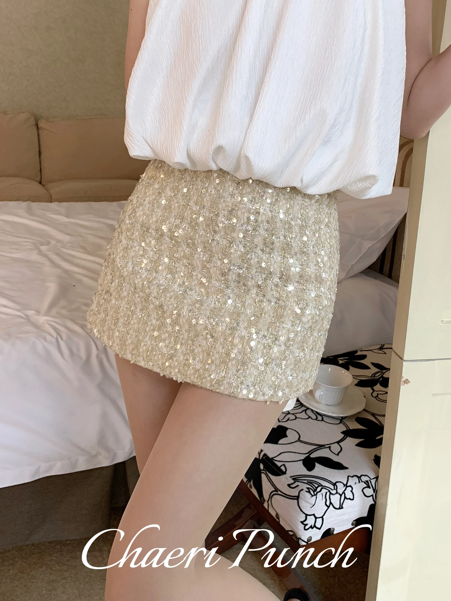 

Новая женская юбка А-силуэта с пайетками и высокой талией, весна-осень 2024, короткая юбка в стиле французского шика