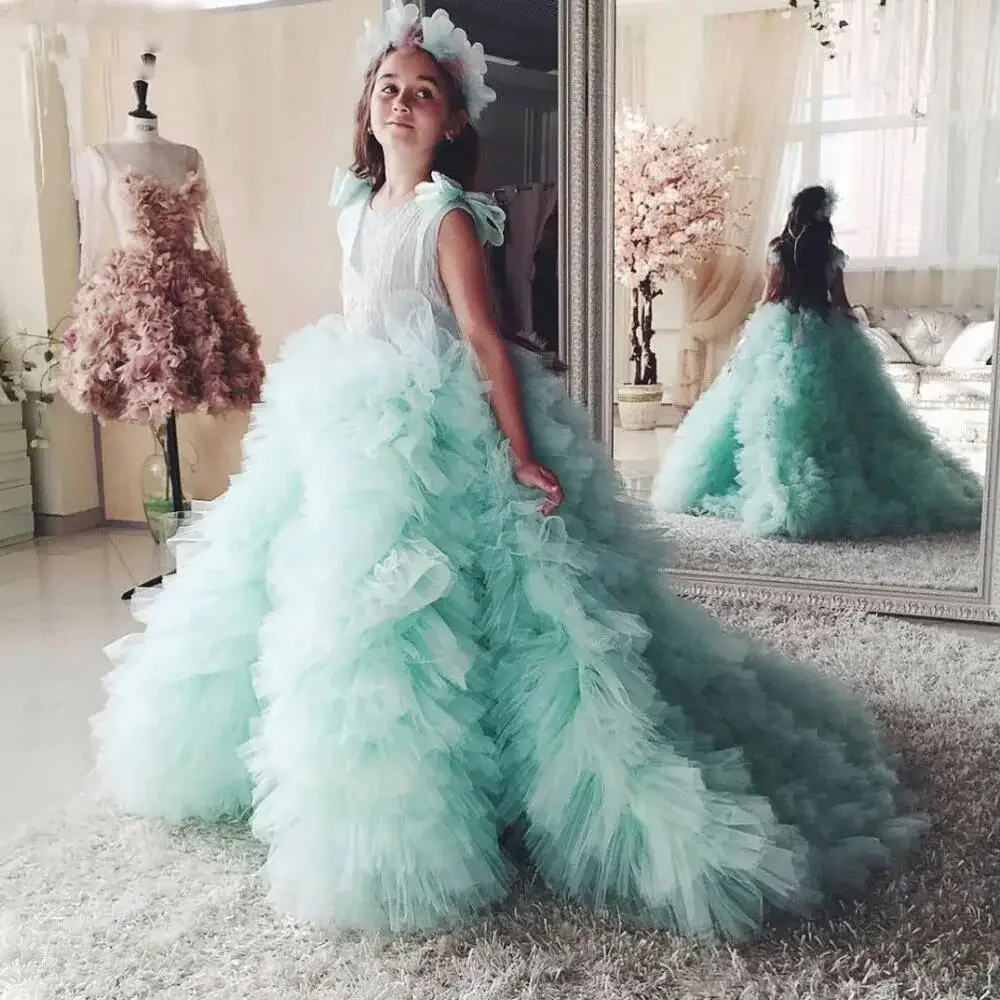 

Luxury Crystals Beading Girls Pageant Gown Puffy Organza Kids Clothes Party Prom Dress Flower Girl Dress