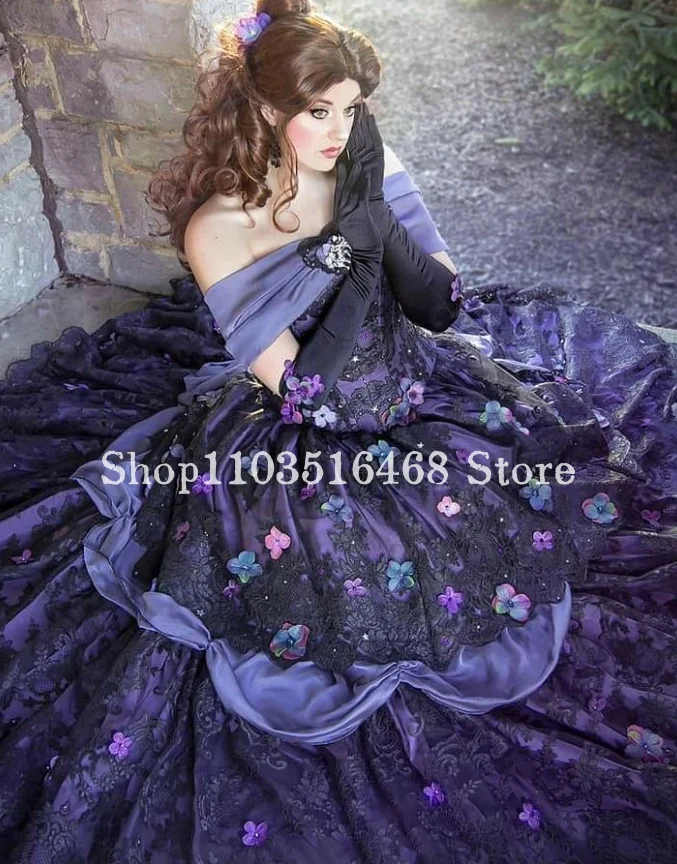 Vintage Gothic Victorian Prom Dress Grape Purple Fairy Princess Belle Floral Embroidered Lace Ruffles Masquerade Cosplay Evening