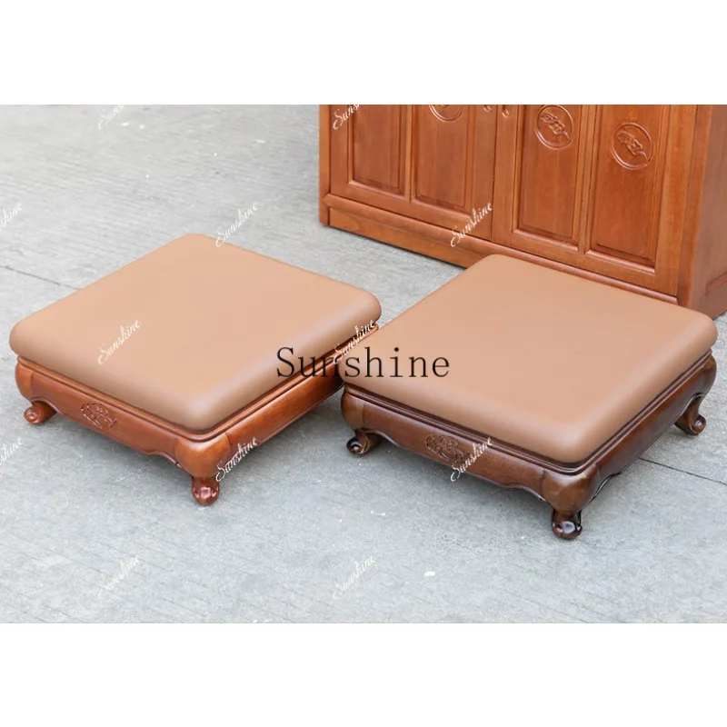 High-end all-solid wood prayer mat kneeling mat household square leather kneeling stool monastery use  FT