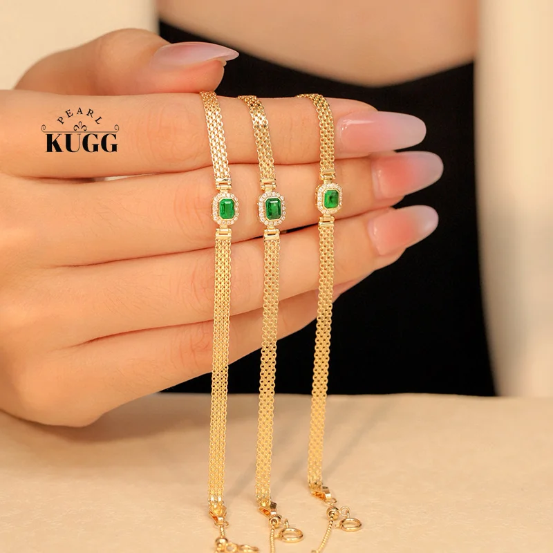 

KUGG 100% браслет из желтого золота 18 карат, французский романтический стиль, блестящий бриллиант, браслет из натурального изумруда для женщин, ювелирные изделия с высоким драгоценным камнем