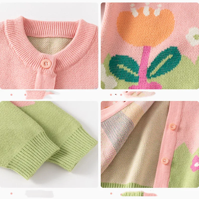 Primavera autunno bambini ragazze Cardigan stile rurale cartone animato fiore bambino neonate maglione cotone orlo elastico bambina maglieria