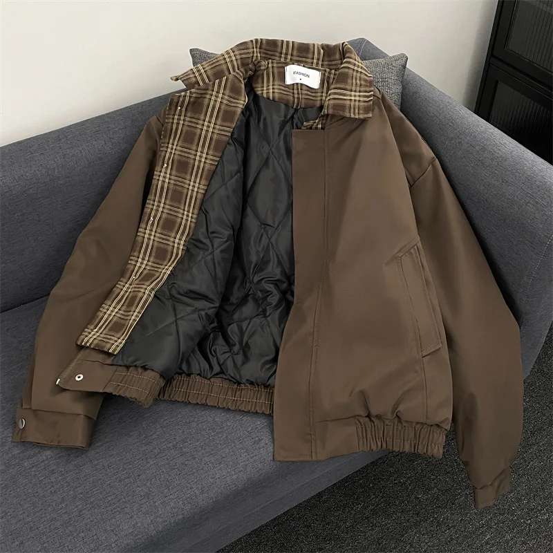 

Retro Plaid Splicing Fake Two-piece Jacket Autumn Winter Maillard long Sleeved Top Men's Women's American Lapel locomotive Coat
