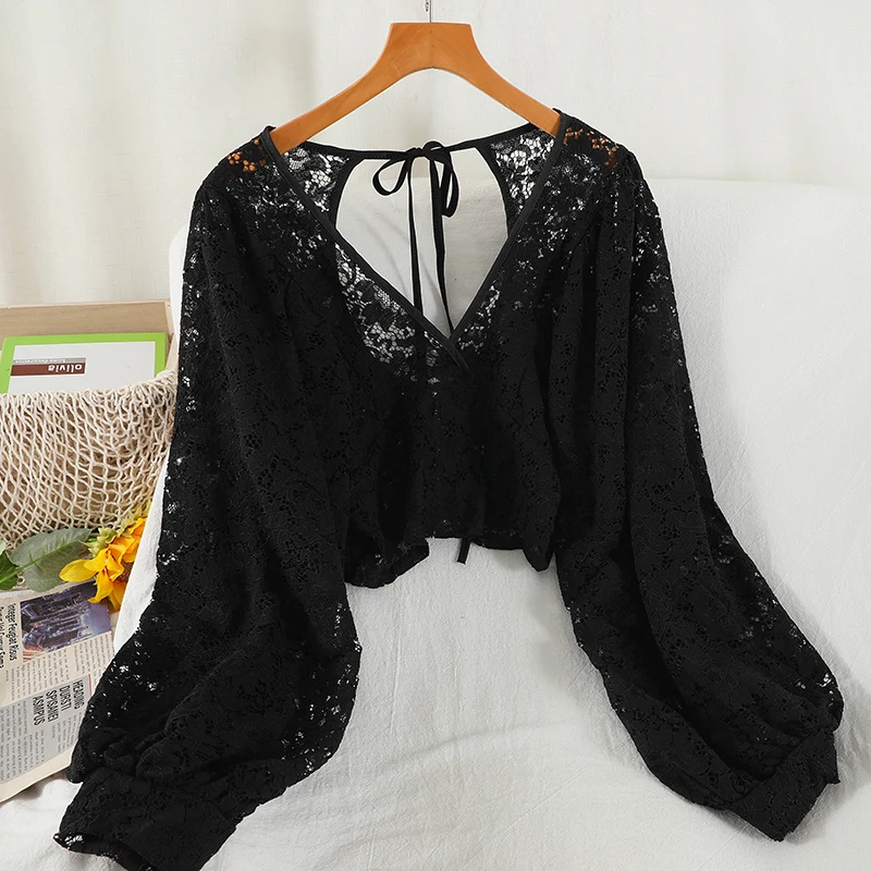 Blouses Women Solid Lace Simple Design Tops Clothes Basic V-neck Cropped Stylish Loose Autumn Newest Trendy Ulzzang Mujer Ins