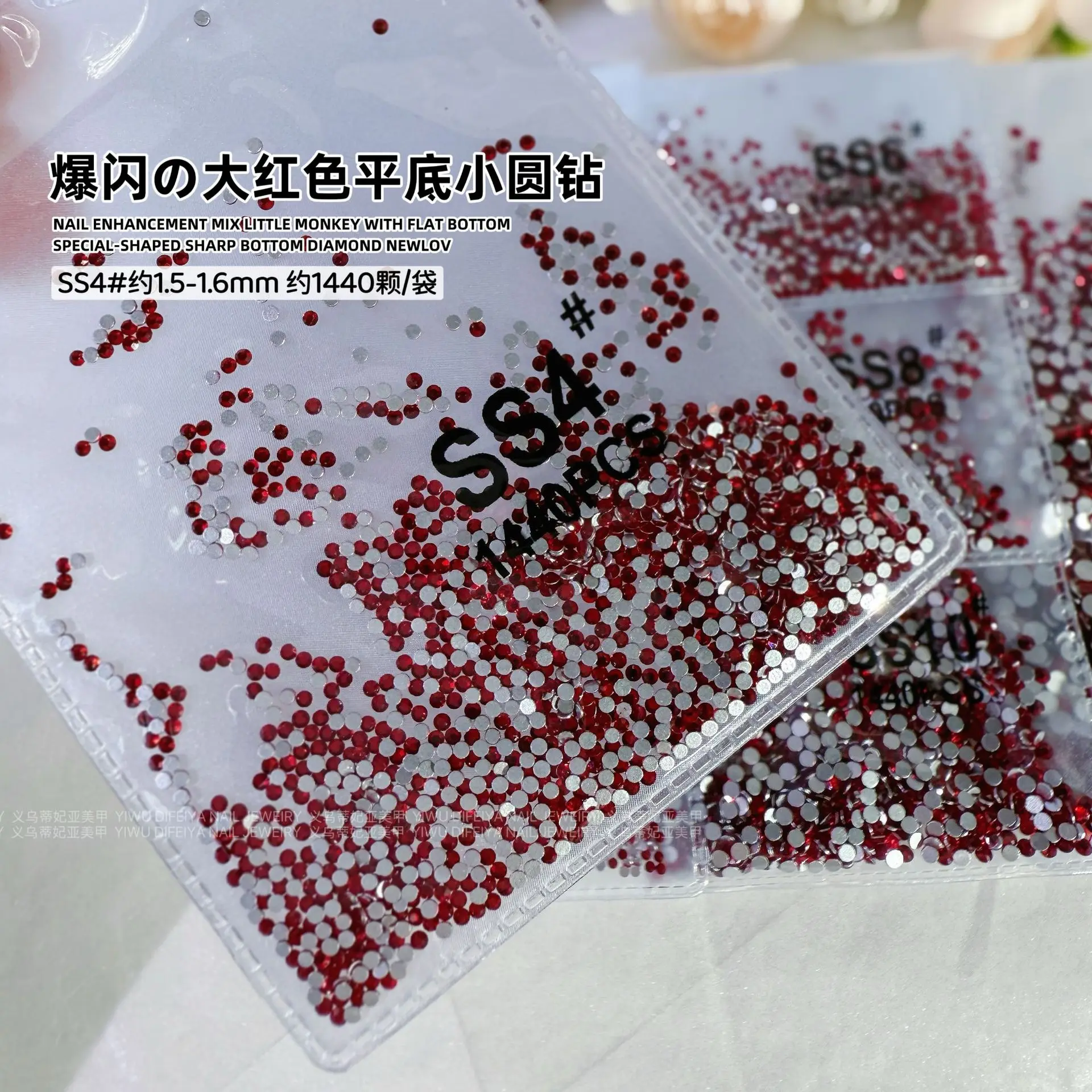 1440PCS SS3-SS16 스파클 빅 레드 플랫 백 라운드 다이아몬드 유리 네일 아트 라인 석 장식 매니큐어 장식품 액세서리