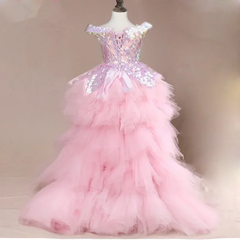 Flower Girl Dress ChildrenGirl Boutique Party Wear Elegant Frocks Wedding Bridemaid Mermaid Dresses Kids Pink Tutu Sequin Gowns