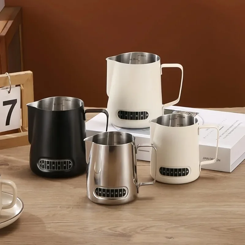 Milk Frothing Pitcher 304 Stainless Steel with Thermometer Sticker, Internal Scale, Tapered Spout