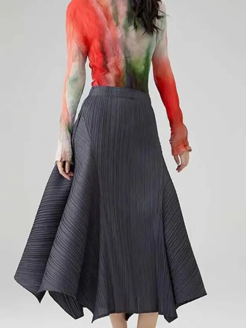

New Irregular 2025 Splicing Solid Color Pleated Half Skirt Fashionable Slimming Elastic High Waist A-line Skirts 2JSGK