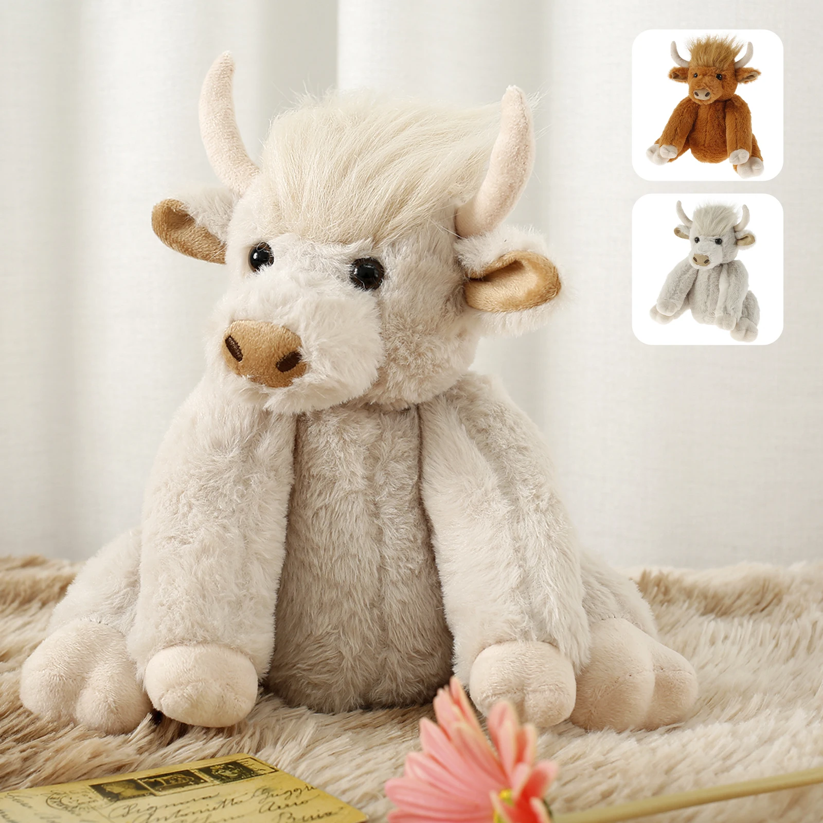 Highland Cow Toy Realistic Highland Cow Doll Soft Plush Highland Cattle Toy Cute Stuffed Highland Cow Gifts White/Coffee Color