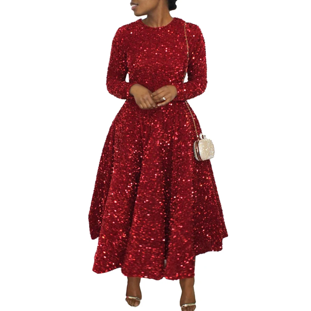 2024 Vintage-Mode Pailletten Frauen Kirche Swing Kleider Lange Hülse O-ansatz Hohe Taille Elegante Glitter Bankett Party Abendkleid – Detail 6