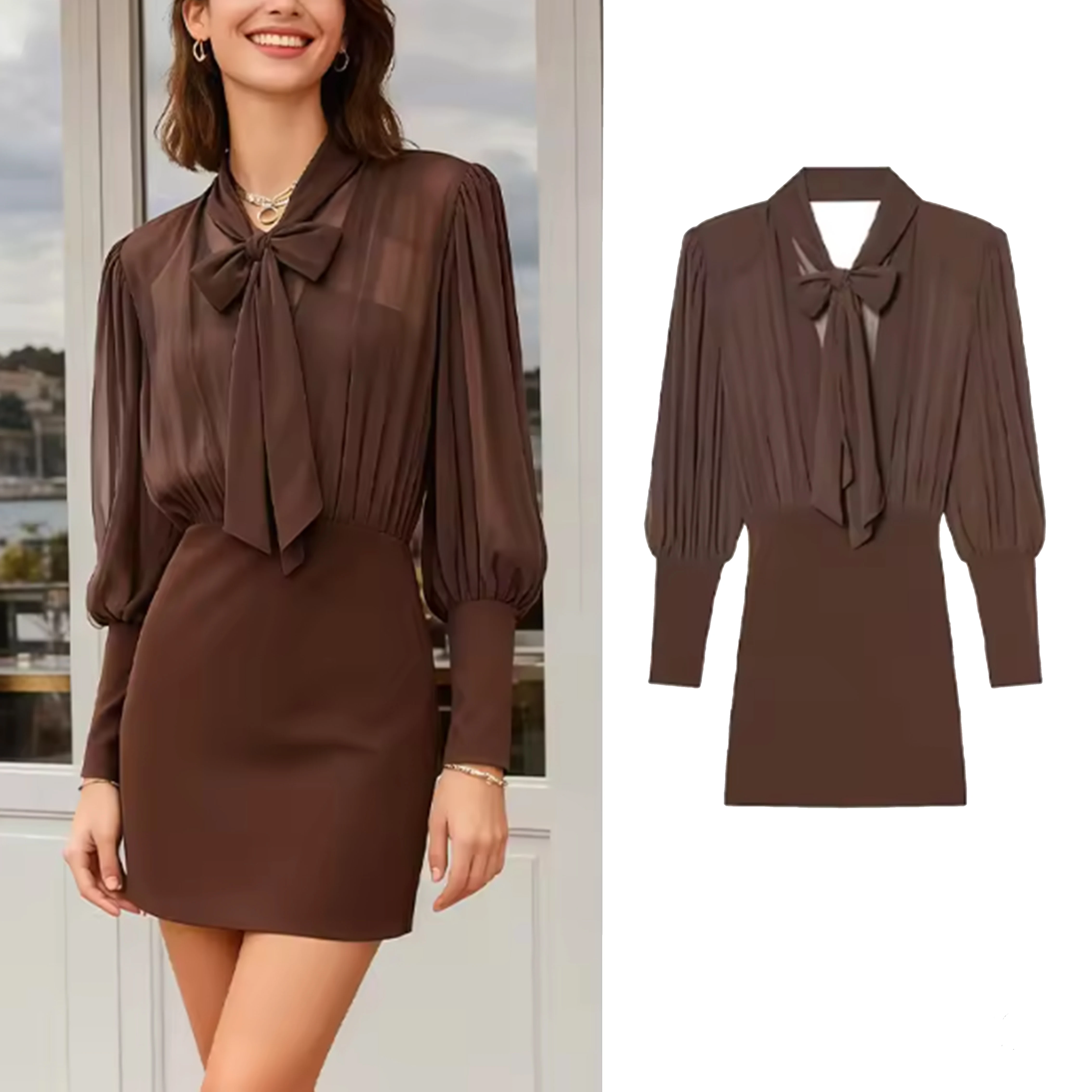 Robe dos nu pour femmes, nouvelle mode, épaulettes, manches longues, dos nu, Patchwork, taille cintrée, robes Slim