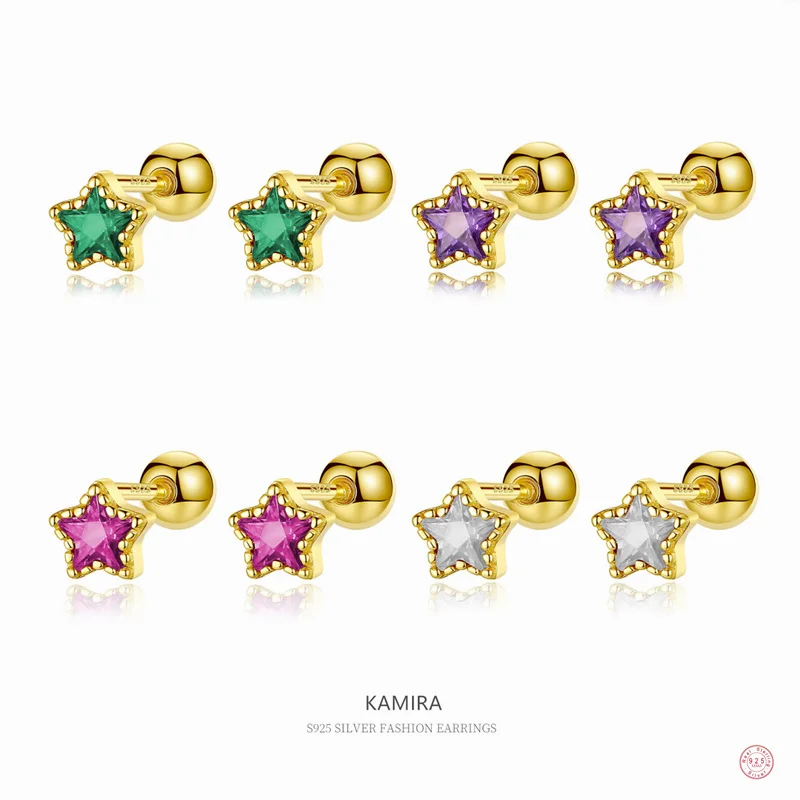 KAMIRA 925 Sterling Silver Romantic Color Zircon Star Small Stud Earrings Women Simple Spiral Beads Ear Bone Piercing Jewelry