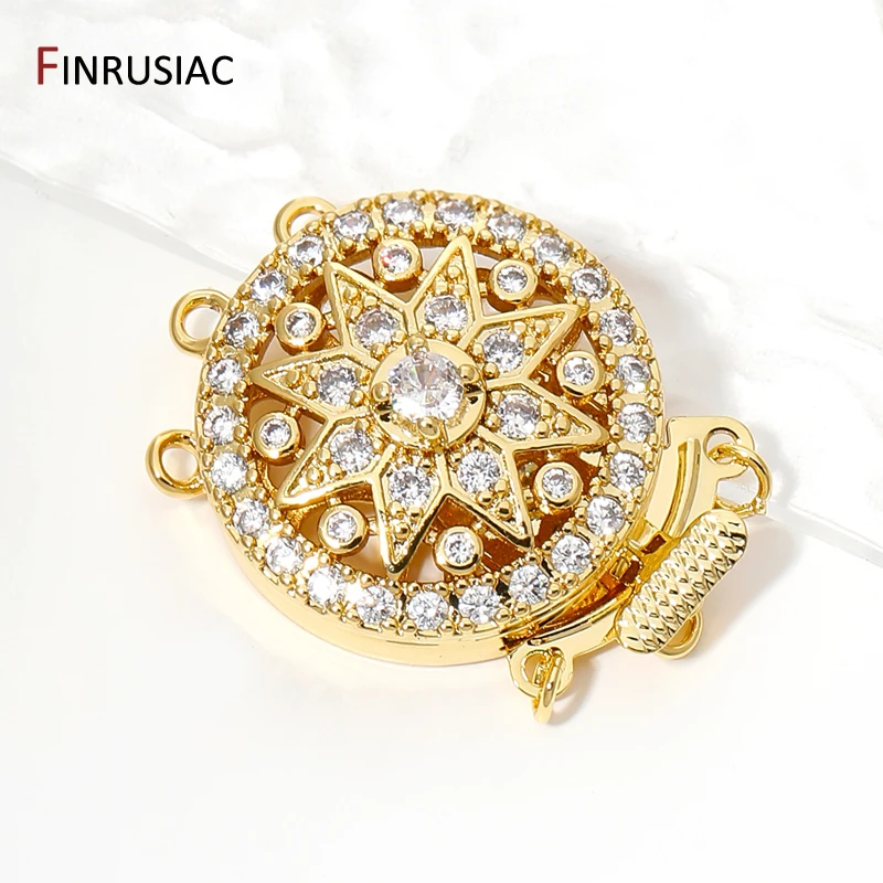 18K Gold Plated Brass 3-Strand Layering Clasps,Inlaid Zircon Insert Box Clasps Connector For DIY Jewelry Making Accessories