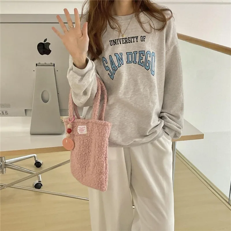 Women Candy Color Small Label Tote Handbag Casual Cute Hand Held Wool Bag 2023 New Fashionable Casual Purses and Handbags