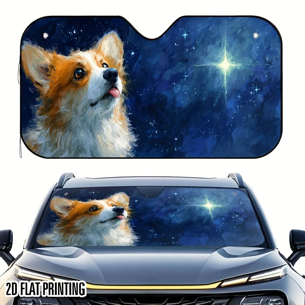 1 parasol para coche con diseño 2D Flat Corgi Under Starlight, elegante y fresco, incluye 4 ventosas para una configuración rápida, plegable para Ea