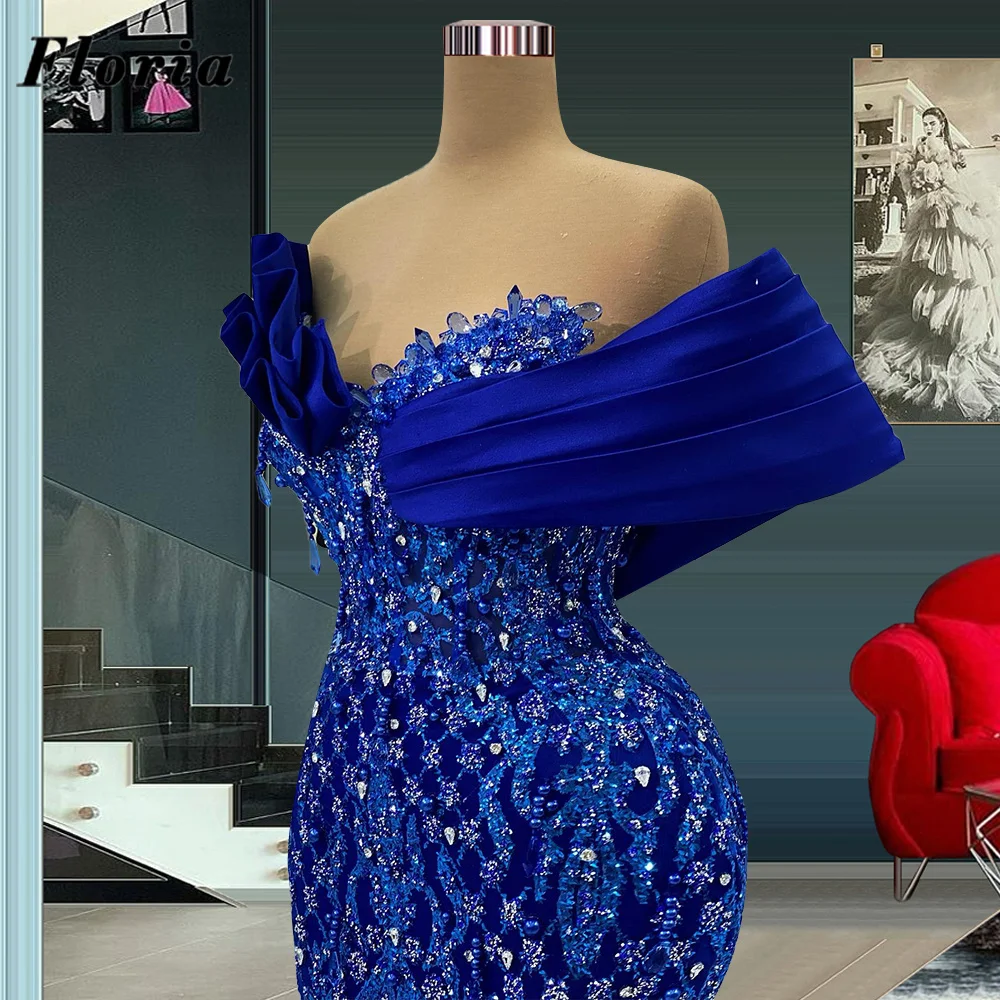 Elegant Royal Blue Celebrity Dresses Off Shoulder Prom Gowns Robe Du Soir 2025 Arabic Dubai Beaded Mermaid Women Evening Dress