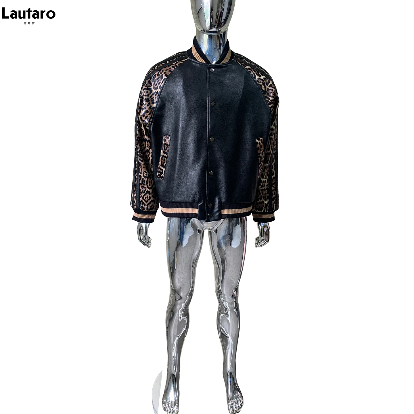 Lautaro Spring Autumn Leopard Print Patchwork Black Pu Leather Jacket Men Zipper High Quality Menswear Baseball Clothes