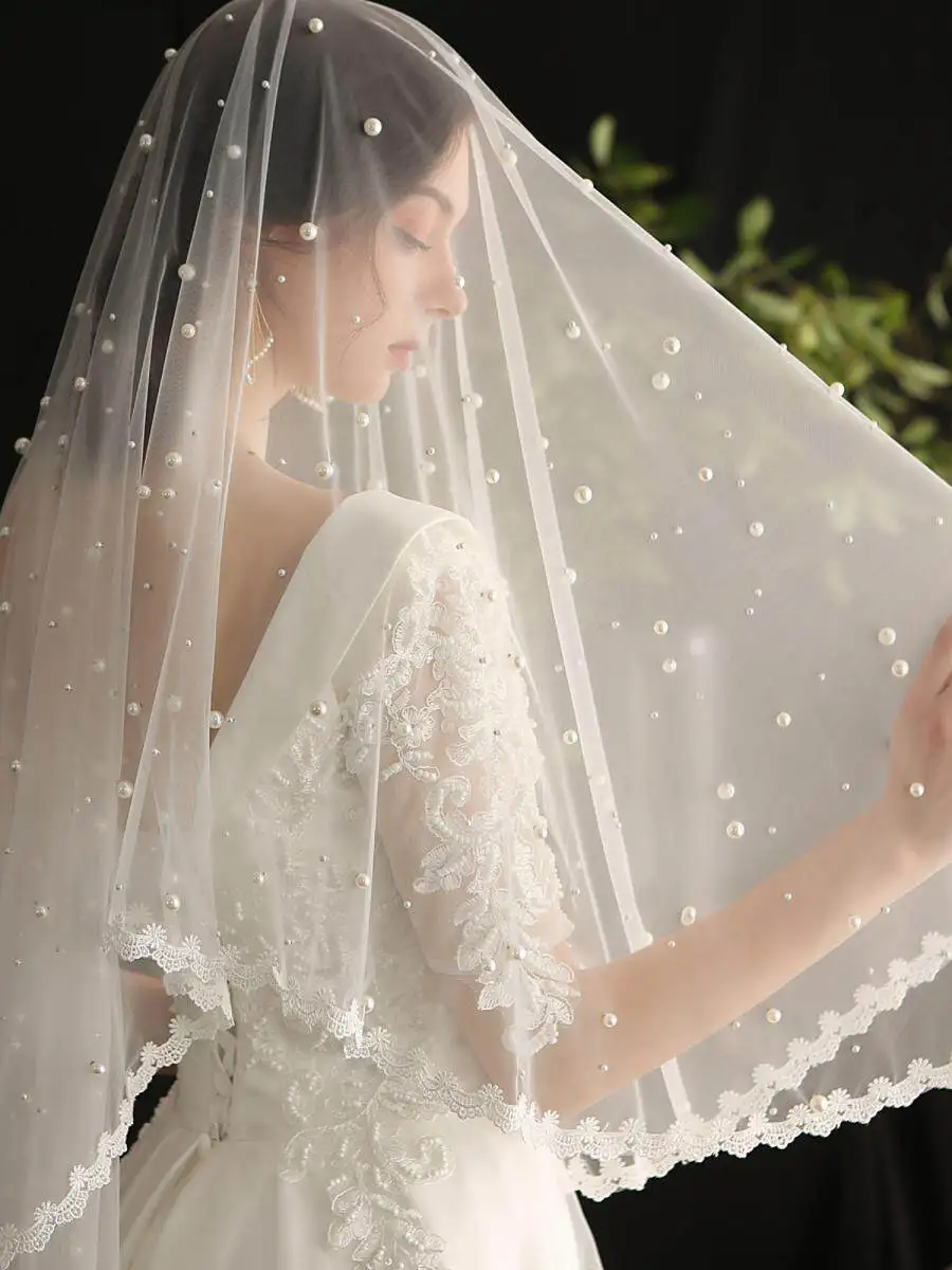 Romantic Wedding Veil 2 Layers Tulle with Pearls Bridal Veil with Comb Pearls with Beads 1*1.2m