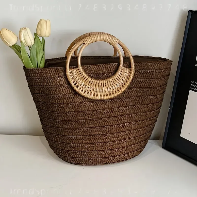 Women Summer Woven Paper Tote Bag Large Capacity Solid Color Round Wooden Handle Beach Handbag Casual Outdoor Vacation view 5