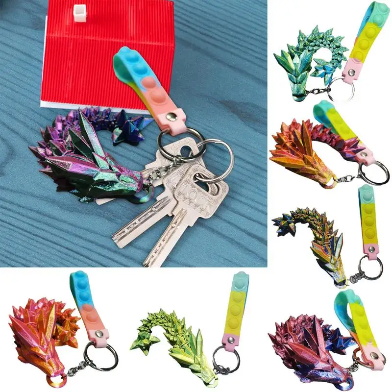 3D Printed Articulated Dragon Keychain Chinese Dragon Keychain Rainbow Pearlescent Colors Interlocked Body Segments And Legs