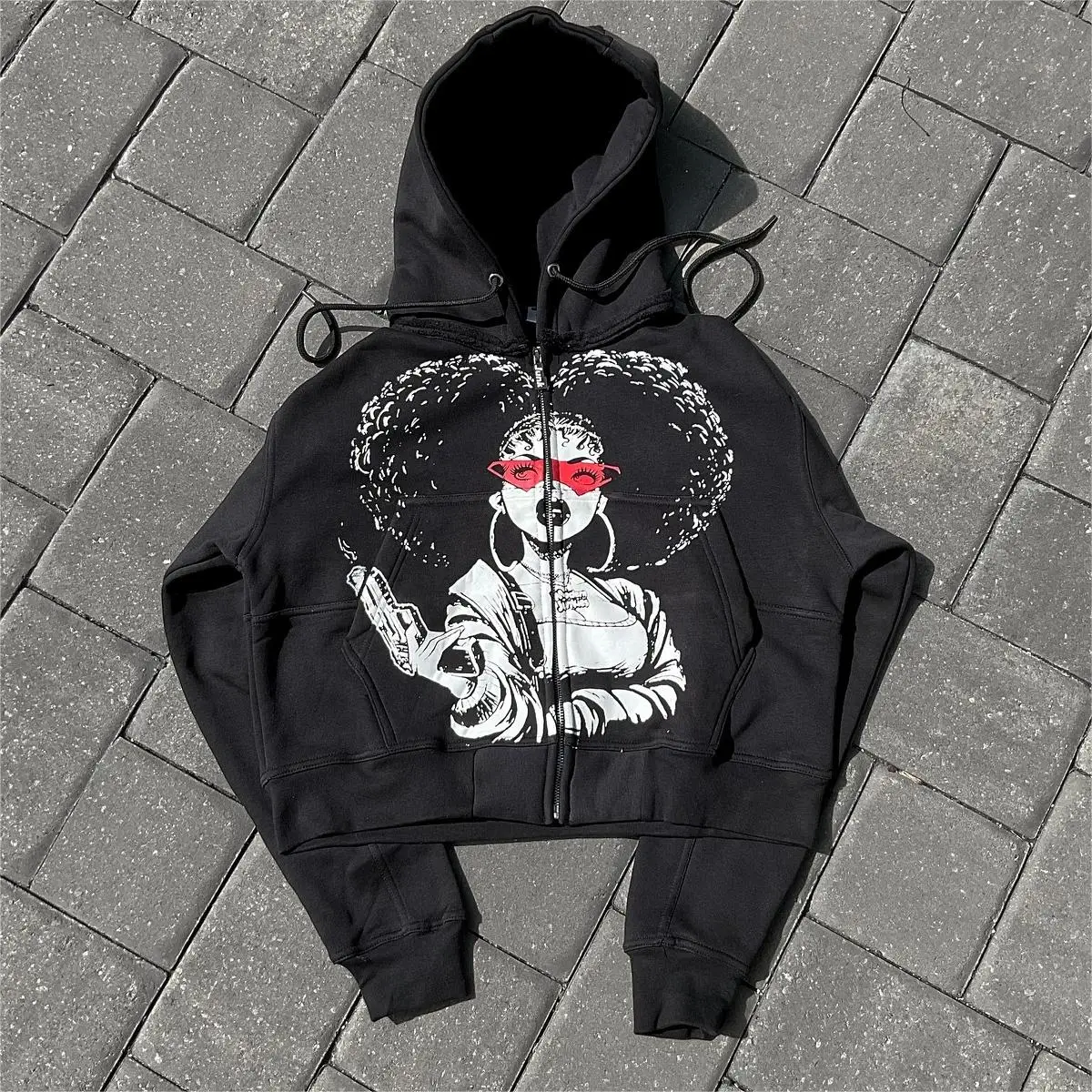 Y2k Hip Hop Punk Style Zip Up Black Hoodies Streetwear Gothic Printed Fashion Estetyczny wzór Bluzy damskie z kapturem