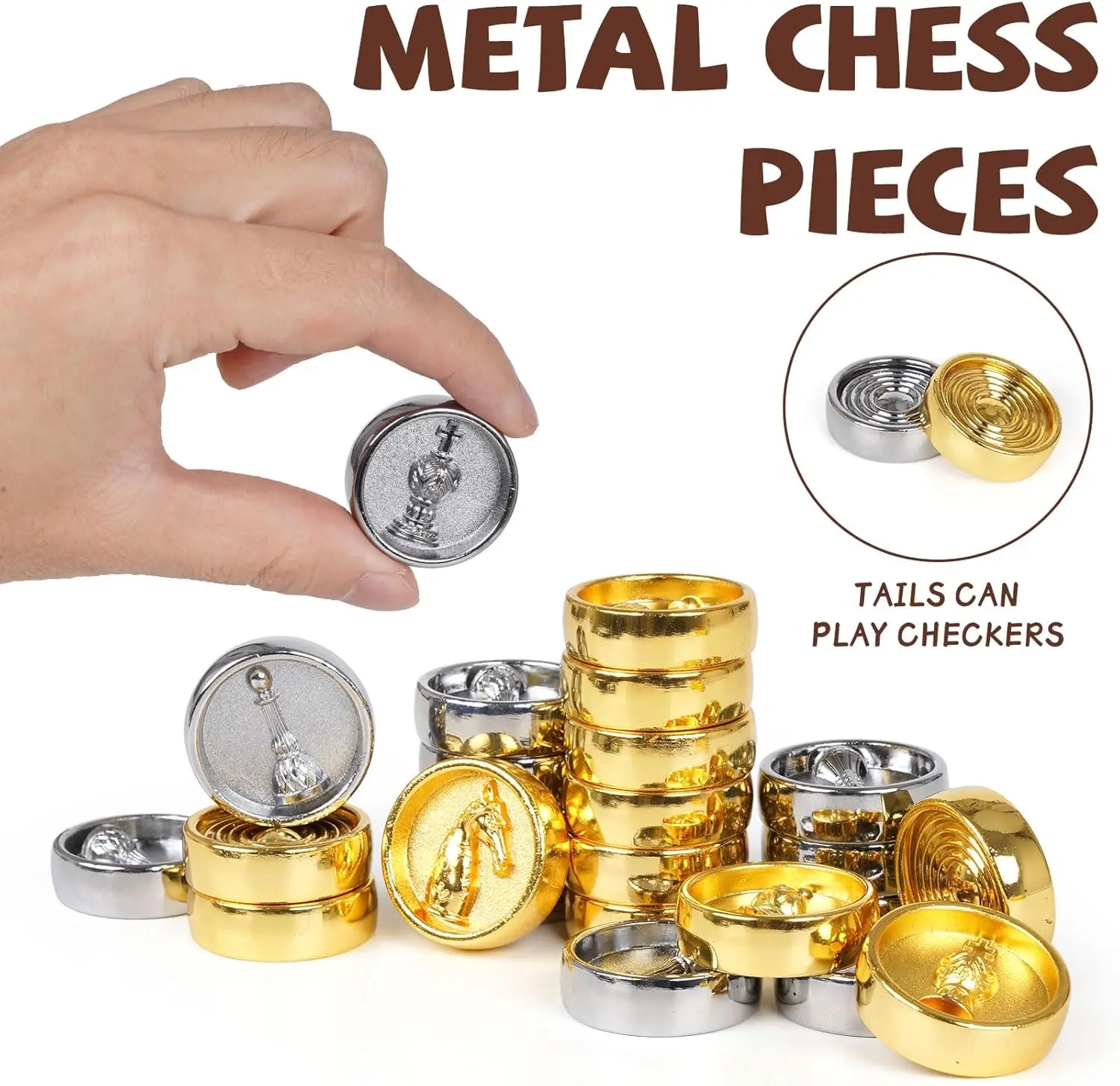 Jeu d'échecs et de dames en métal 2 en 1 – Planche en bois pliable, jeu de voyage portable pour adultes et enfants