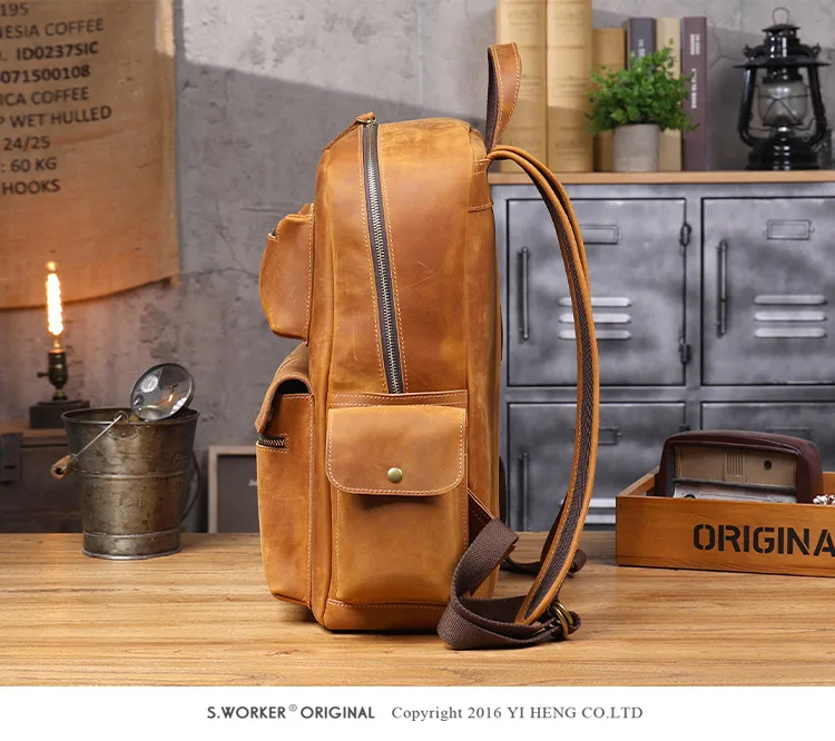 PNDME Vintage handgefertigter Crazy-Horse-Rucksack aus Rindsleder für Männer und Frauen, Outdoor-Reise-Schulrucksack aus echtem Leder mit großem Fassungsvermögen. – Detail 7