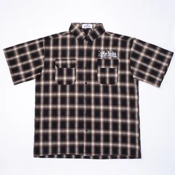 Harajuku-Camisa de manga corta con bordado de letras para hombre, ropa de calle holgada Vintage con retazos de solapa, Hip Hop, Verano