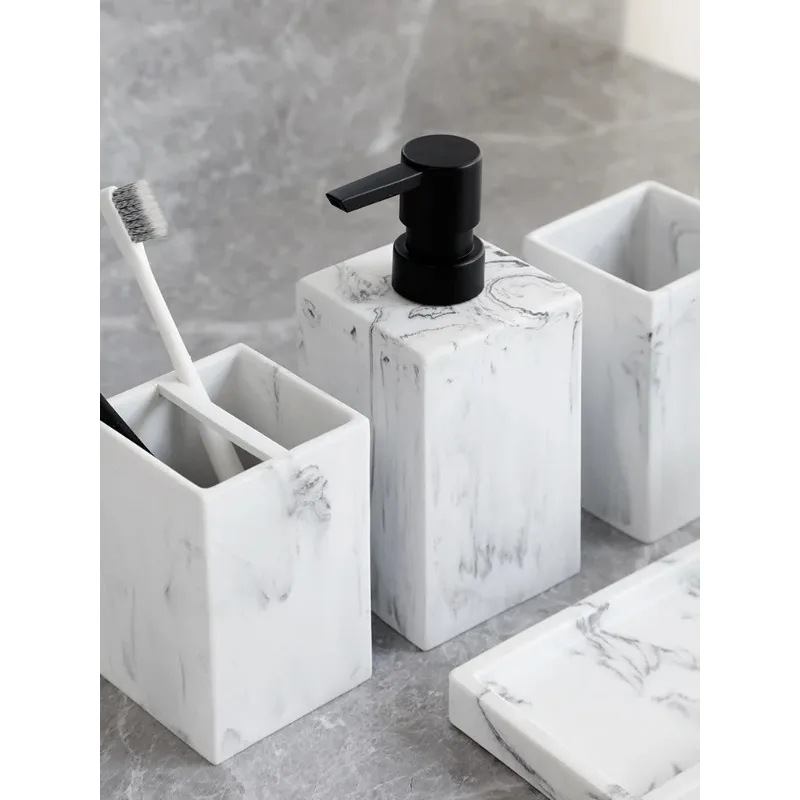 Bathroom Accessories Vanity Countertop Accessory Set Marble Look Lotion Dispenser Tumbler Toothbrush Holder Tray