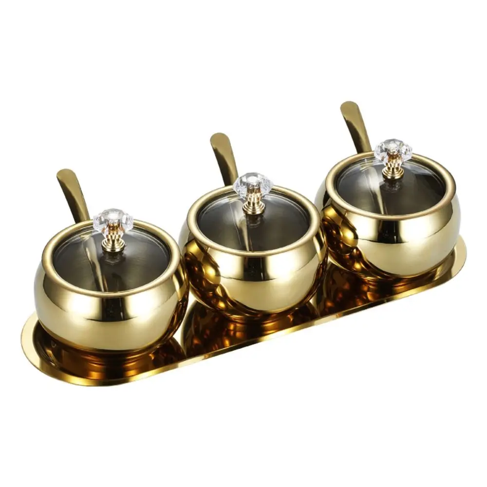 

Stainless Steel Sealed Seasoning Tank Set Dust-proof Moisture-proof Condiment Jar Set Light Luxury with Lids Spoons Tray