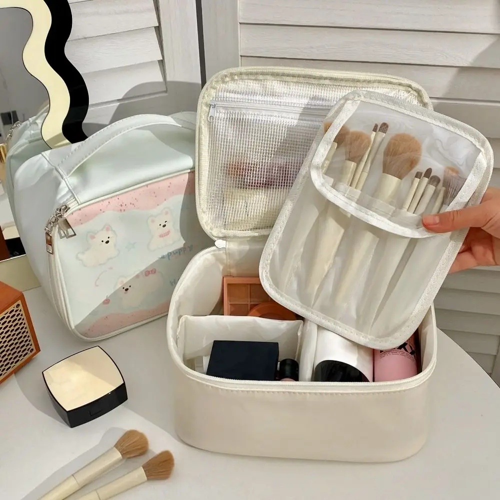 

Cute Cartoon Print Sorting Cosmetic Bag PU Large Capacity Makeup Bag Square with Handle Travel Toiletry Bag